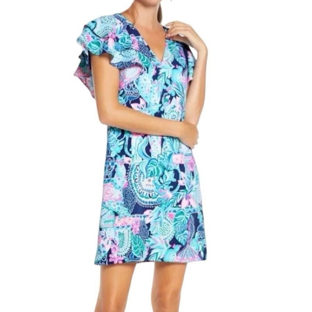 Lilly Pulitzer Kathie Flutter Sleeve Dress Lookin‎ Sharp Blue Pink Floral Size 6